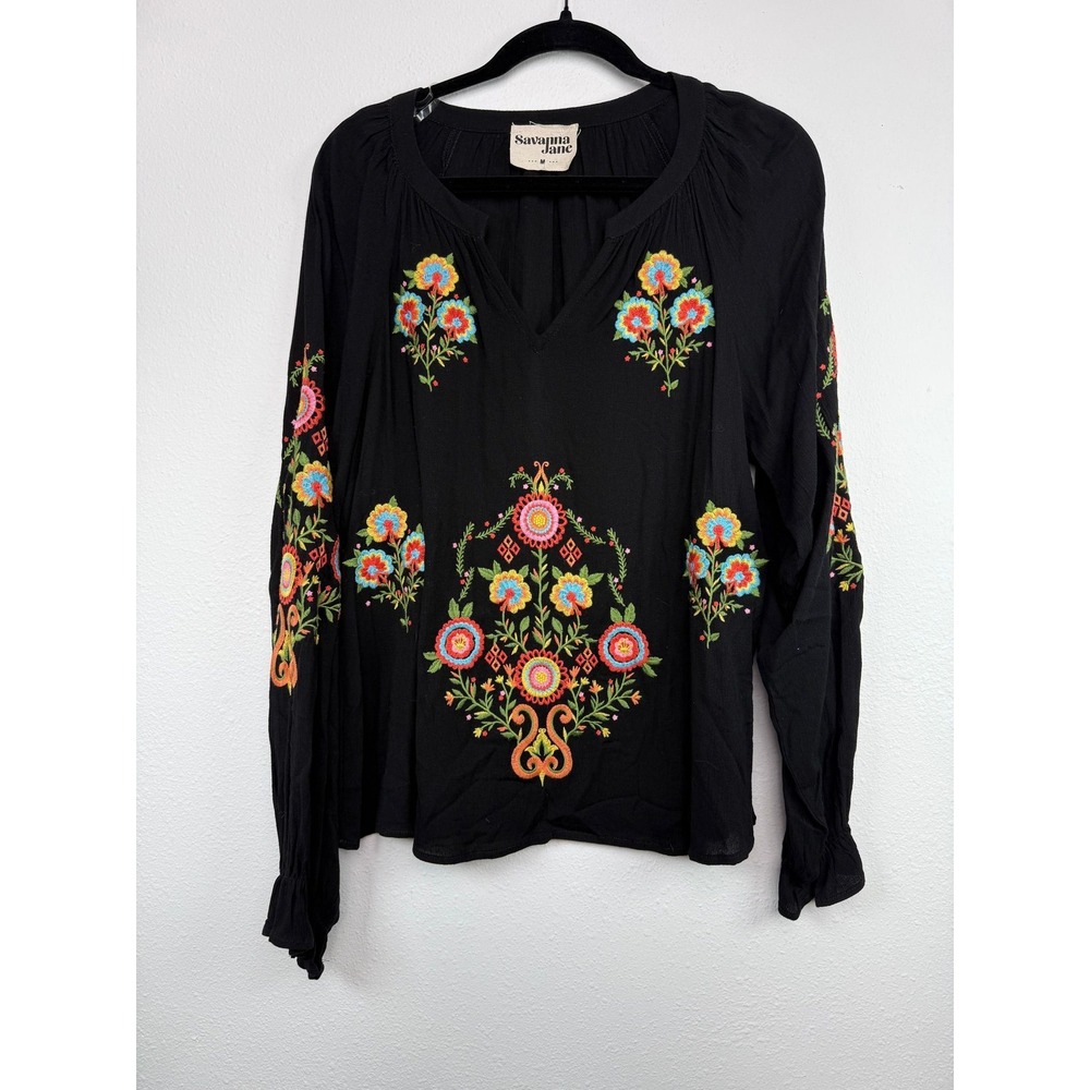 Savanna Jane Black Floral Embroidered Long Sleeve Peasant Blouse Top Medium